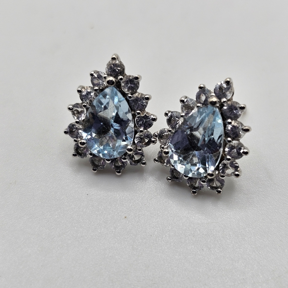 Sterling Silver & Blue Topaz Teardrop Earrings Surrounded by Spinel Accents